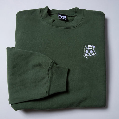 Music Cat Embroidered Crew Neck - Ivy Green - Made in USA