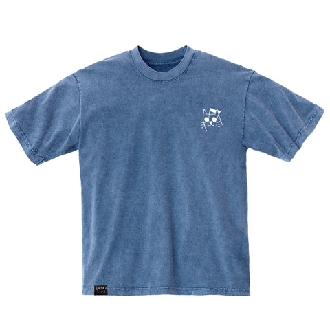 Music Cat Embroidered T - Mineral Wash Blue - FA25